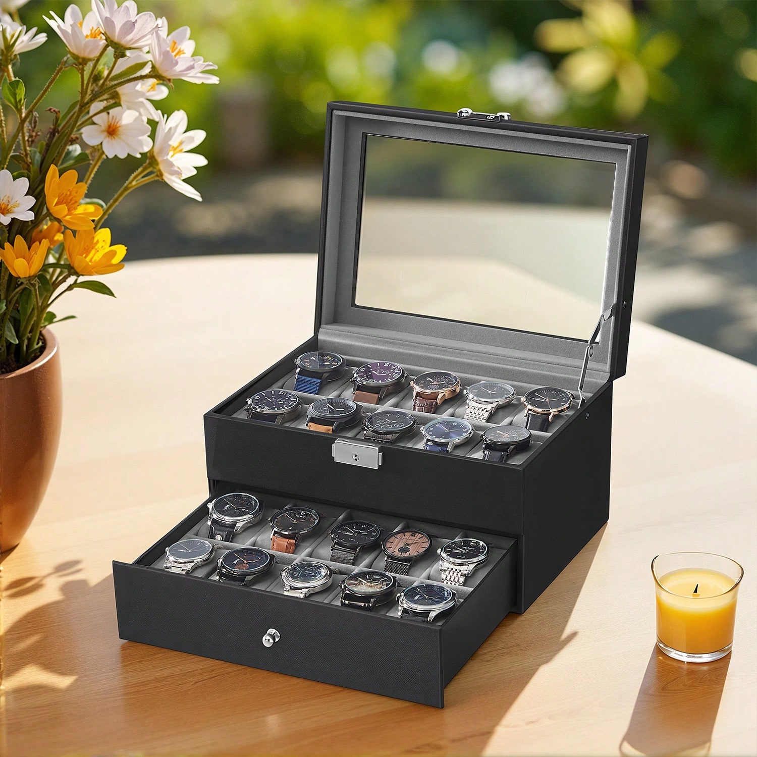 Jewelry Box Organizer Watches - Horlogebox met 20 vakjes, glazen deksel