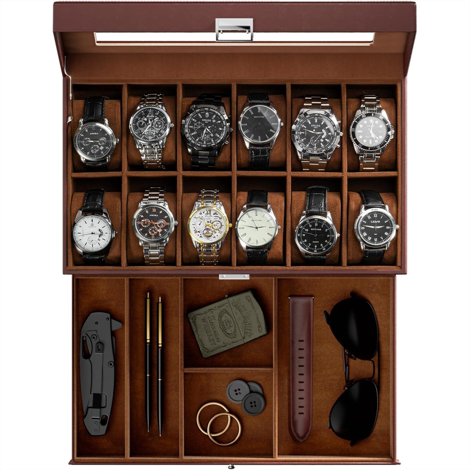 Watch Display Box - Horlogebox met 12 vakjes en lade,