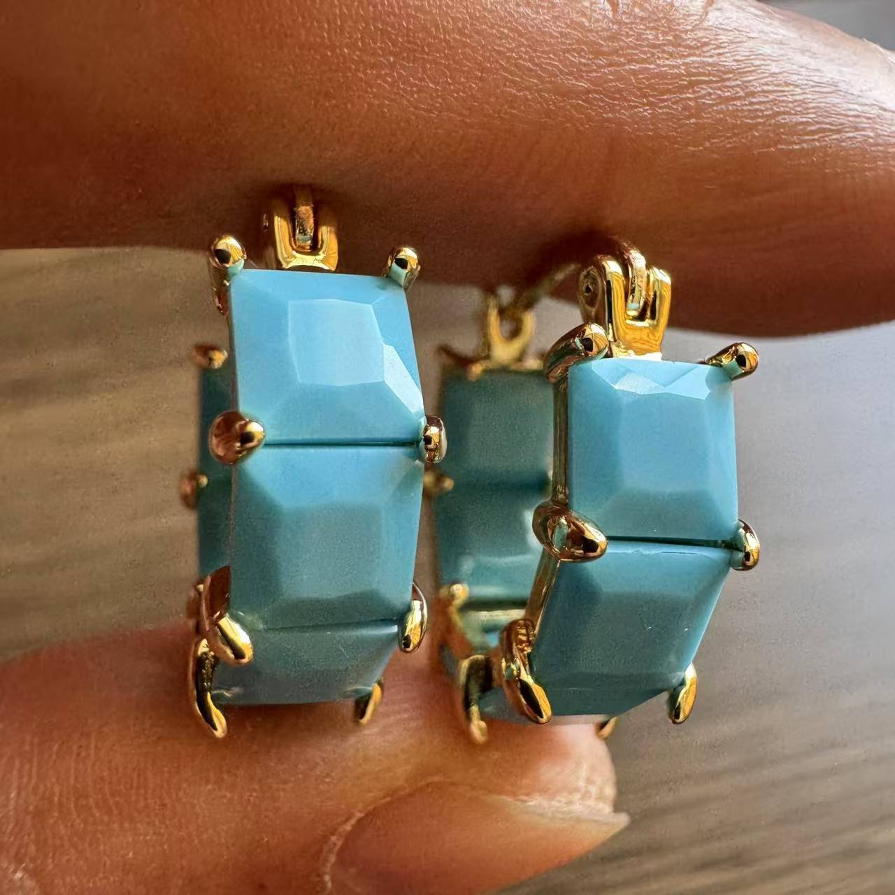 Turquoise Stone Ring - Mode Klassieke Turquoise Geruite Oorbellen voor