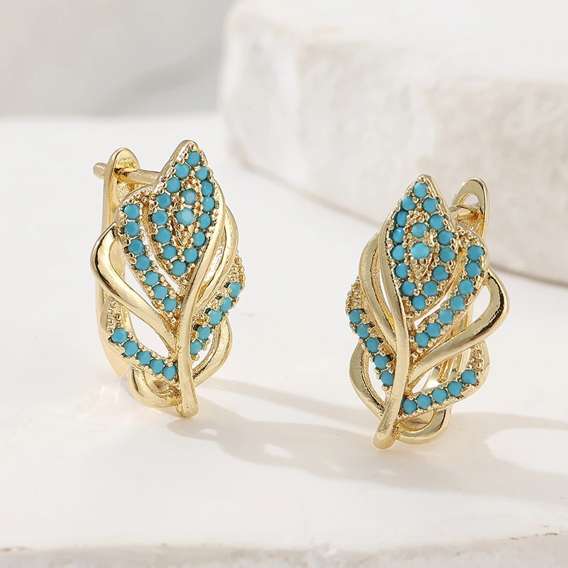 Turquoise Stone Ring - Creatieve bladvormige oorringen Vergulde turquoise briljante